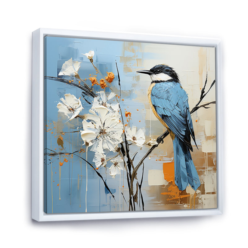 Oiseau bleu, minimalisme, fleurs blanches, impression sur toile, H 24 po x l 24 po x P 1 po, Blanc