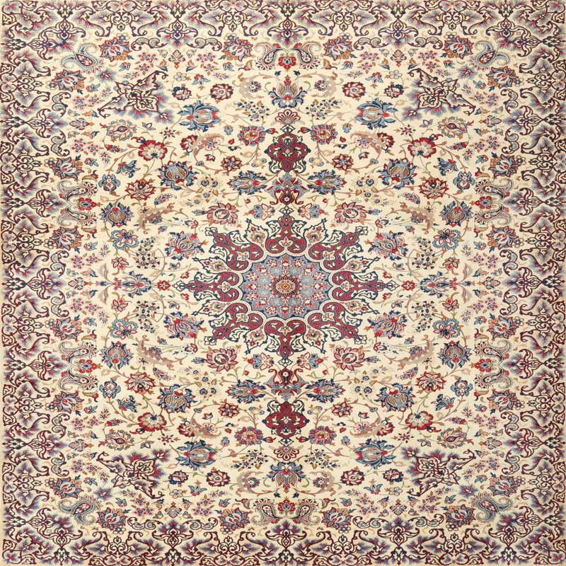 Tapis oriental beige / gris en laine, Carré 7 pi
