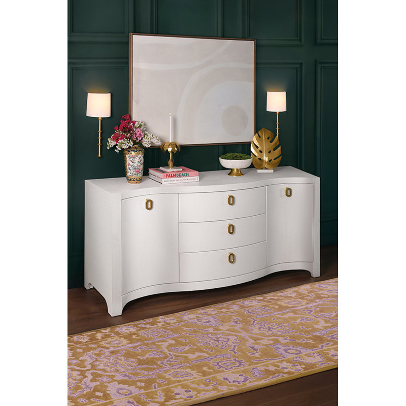 Curved Front Two Door Three Drawer Buffet In Textured Light Blue Linen With Satin Brass Ring Hardware, Textured White