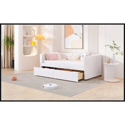 Twin Size Upholstered Daybed With Ergonomic Design Backrest And 2 Spacious Drawers, Beige