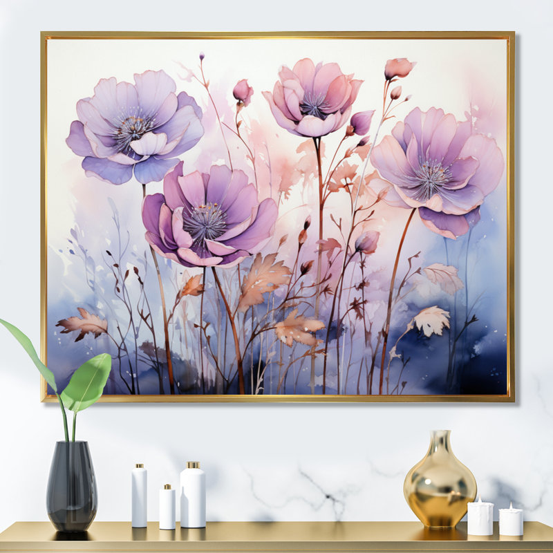Mauve, fleurs mystiques II - art botanique abstrait, Cadre flottant doré, H 12 po x l 20 po x P 1 po