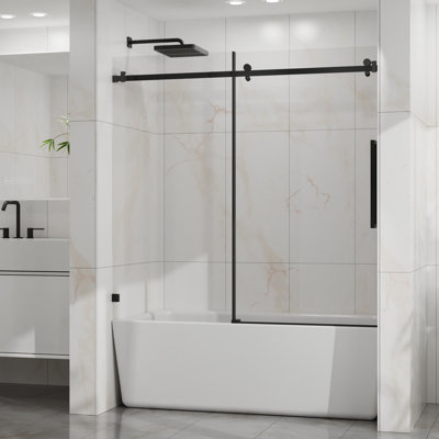 60" W X 58" H Bathtub Sliding Door With 1/4" (6Mm) Tempered Glass, - Proof Coating, Stainless Steel Frame, Smooth Quiet Operation, Waterproof Seal, Matte Black Shower Door, Thick Clear Seal Strip,