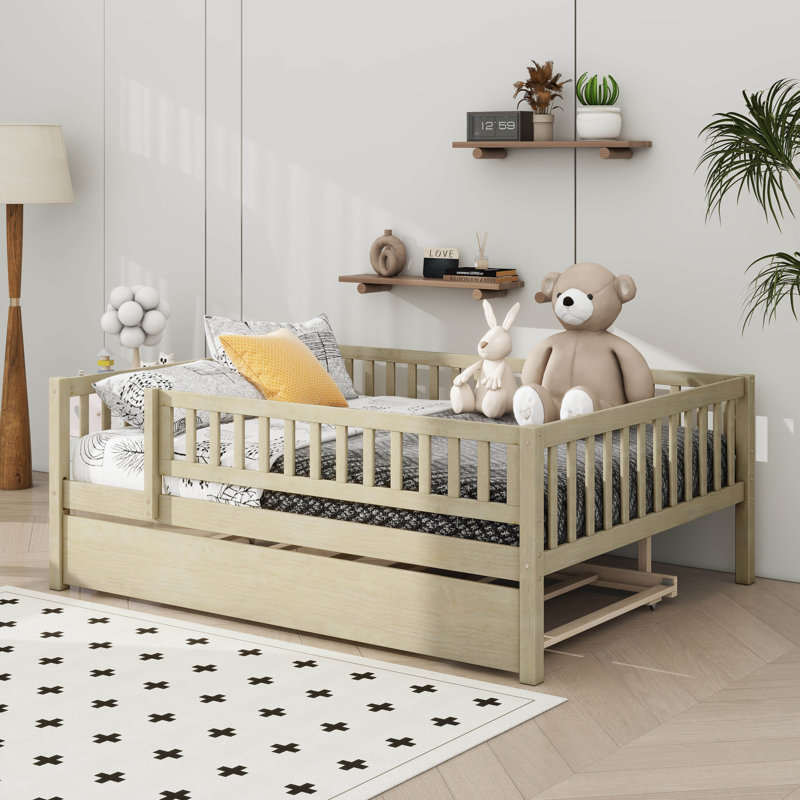 Wooden Daybed With Underbed Trundle And Fence-Style Guardrails, Natural, Full