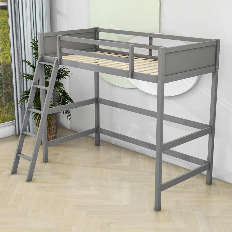 Lit mezzanine simple en bois avec échelle Gionny, gris