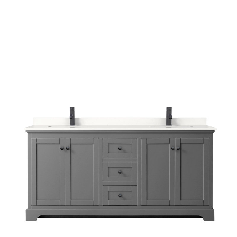 Meuble-lavabo double autoportant avec plateau Avery, Quartz blanc, Gris foncé, Noir mat