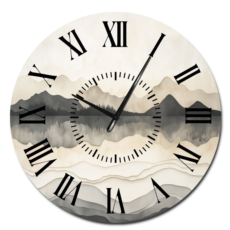 Horloge murale minimaliste en métal silencieux « Horizon de montagne avec pics II », Surdimensionné