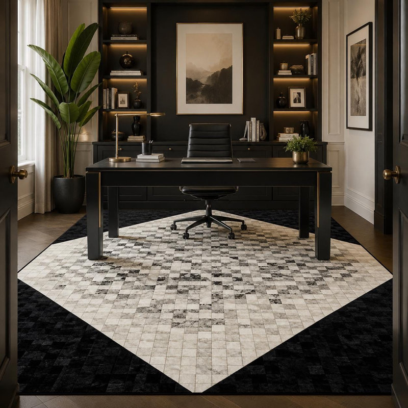 Tapis patchwork en cuir de vache véritable noir et blanc, 9 x 12 ft