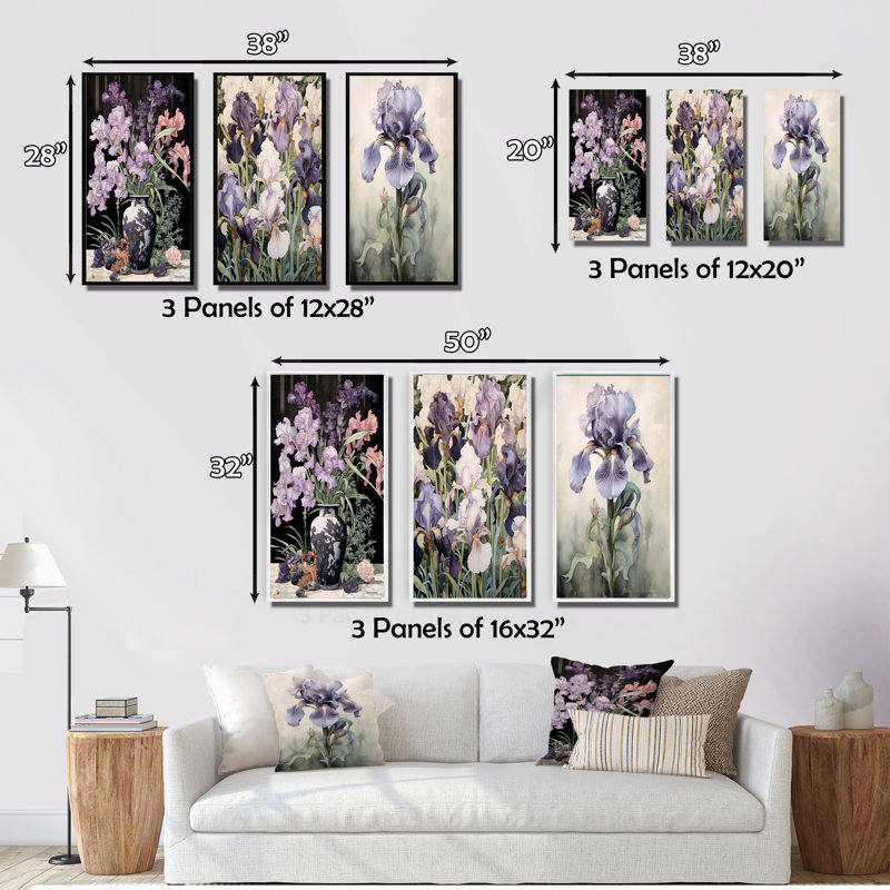 «Nature morte avec iris mauve dans un vase antique», 3 pièces sur toile, Cadre flottant doré, H 20 po x l 36 po