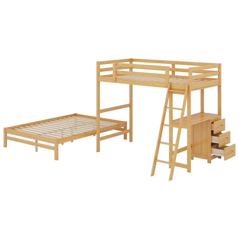 Lit superposé simple au-dessus d'un lit double avec tiroirs Jeanella, Naturel