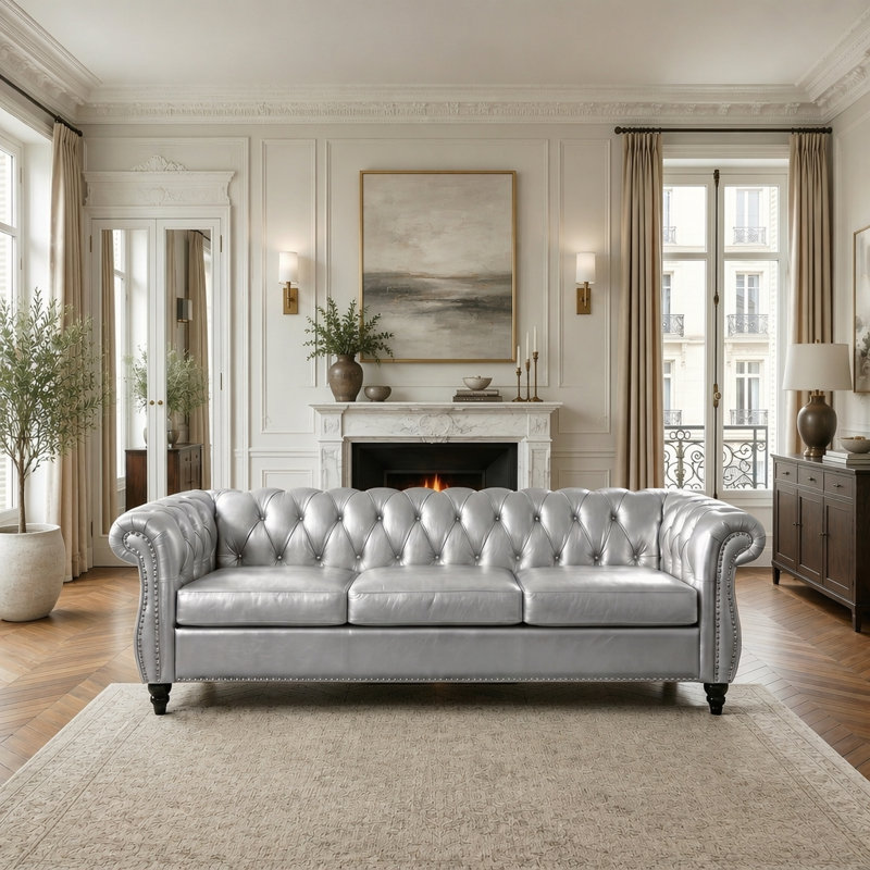 Canapé Chesterfield 3 places Chesterfield, Similicuir argent