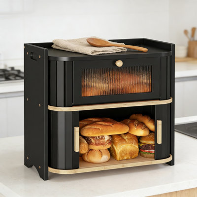 Boîte à pain en bambou avec conception à roulettes, contenant de cuisine à 2 niveaux pour les articles de boulangerie, de nourriture et de garde-manger