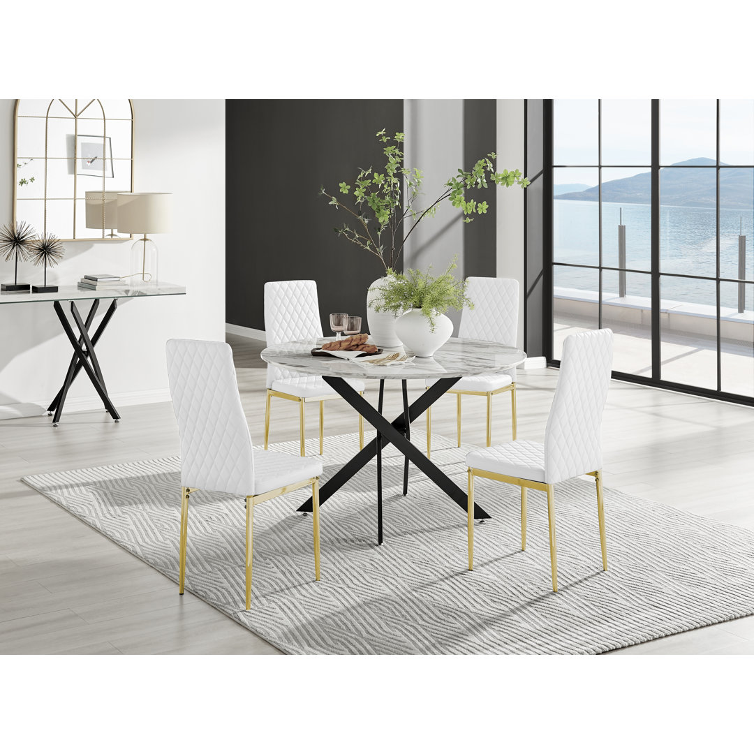 Tierra Modern Chrome Metal & Glass Round Dining Table Set with Faux Leather Chairs