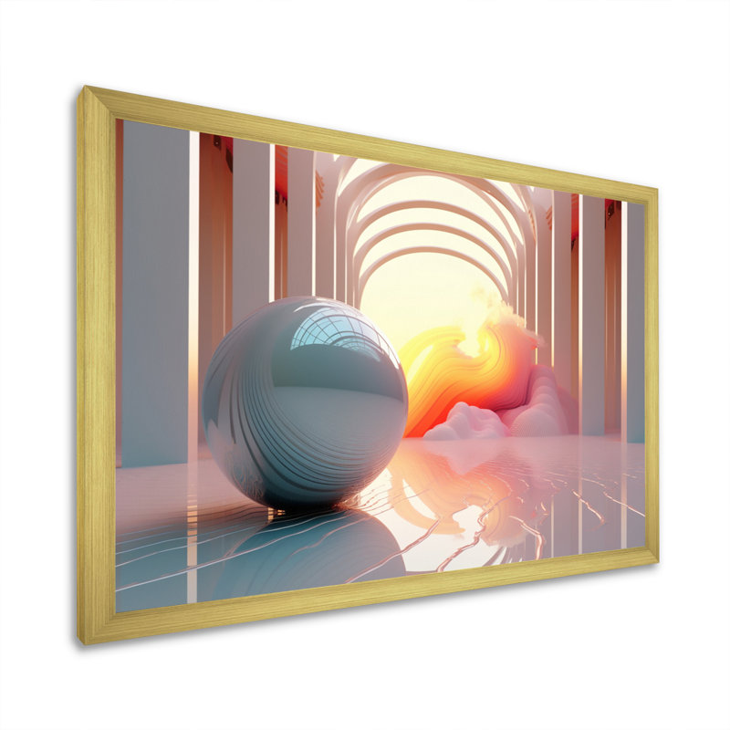 " Futuristic Sphere In Minimal Pink Architecture ", 24" H x 32" W x 1" D, Gold Single Picture Framed