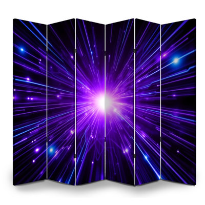 Cloison pliante 6 panneaux paravent mauve royal avec lignes rayonnantes décoratives bleues et toile séparateur de cloison autoportante