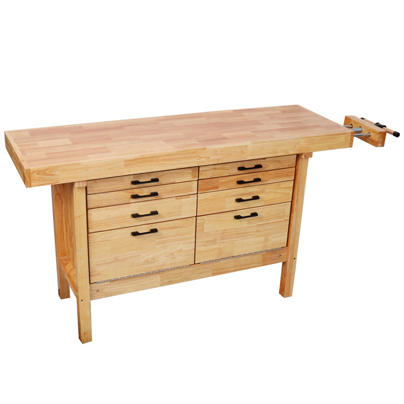 Solid Rubber Wood Workbench with 8 Drawers & Integrated Wood Vise