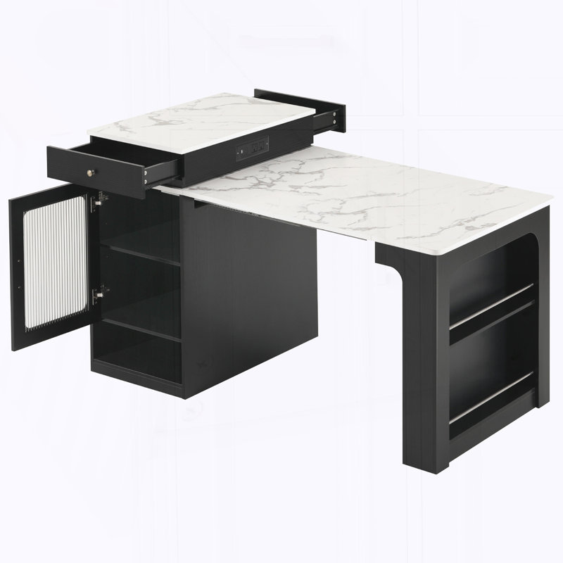 Kitchen Island with Extendable Dining Table, Kitchen Storage Table with Double-sided Storage, Black