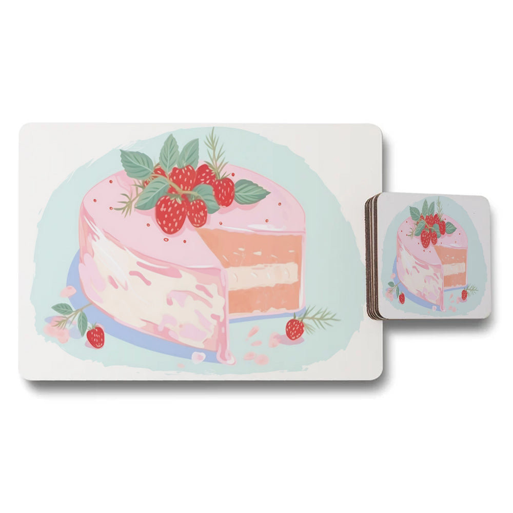 Cake Themed Placemat And Coaster Set With Strawberry Design