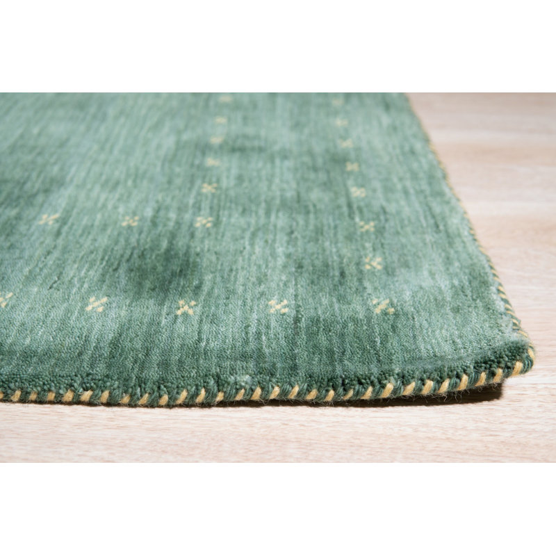 Green Hand-Knotted Wool Emerald Field Blossoms Geometric Modern Contemporary Carpet Rug, 4' x 6'
