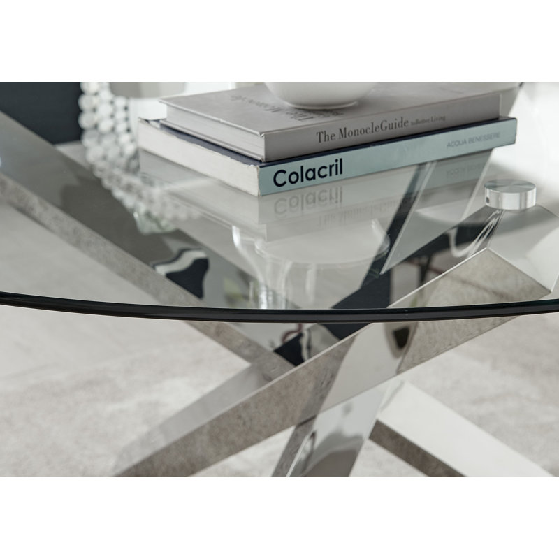 Vogo Modern Design Chrome and Glass Dining Table Set with 4 Luxury Faux Leather Dining Chairs, White/Silver