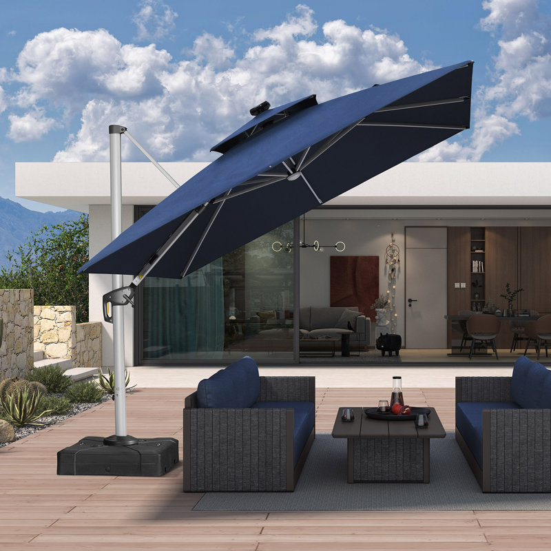 Parasol carré extérieur robuste à double dessus décalé 10 pi, avec lumières, tissu de qualité supérieure, avec base, bleu marine