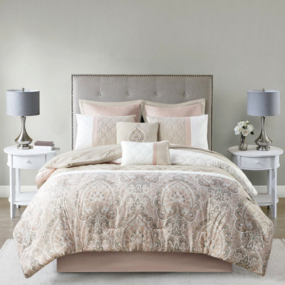Édredon 8 pièces pour très grand lit - imprimé partiellement rosé, taies décoratives européennes, coussins décoratifs, imprimé lavable, rembourrage, brodé
