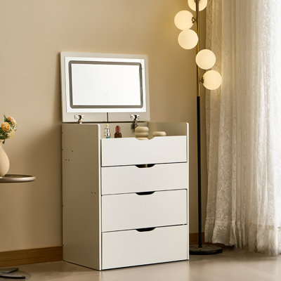 31 coiffeuse, 3 tiroirs, bureau en verre visible, miroir d'éclairage 3 couleurs, banc de rangement, chambre à coucher, blanc et verre, petit bureau de chambre à coucher avec lumières DEL réglables, avec lumières thermiques et verre