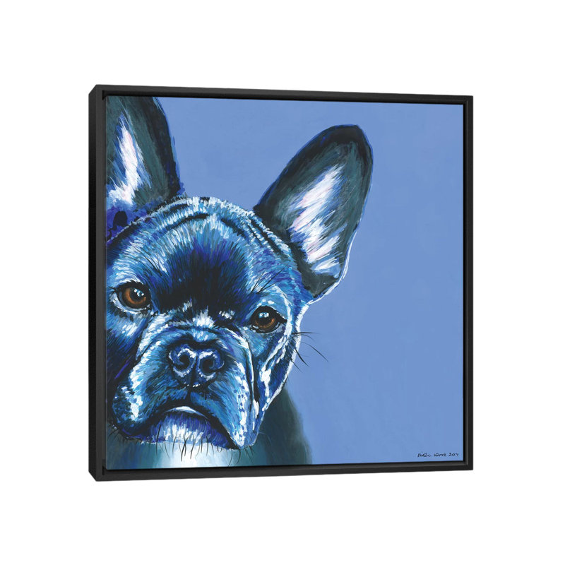 French Bulldog On Blue, Square by Kirstin Wood - Painting on Canvas, Black Framed, 45.72 cm H x 45.72 cm W