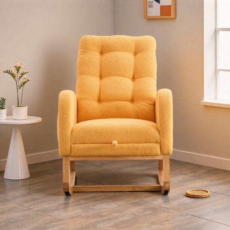 Chaise berçante décorative avec repose-pieds à haut dossier en bois d'hévéa, Jaune