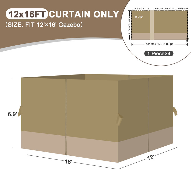 Aoodor Replacement 4-Panel Gazebo Sidewall Curtains, 82.7" H x 144" W x 192" D, Khaki and Sand Yellow