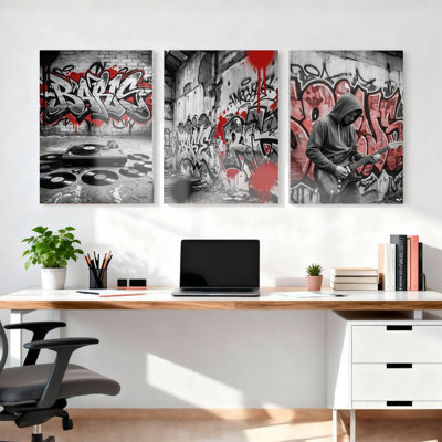 Graffiti Music Vinyl Records And Guitarist Canvas Wrapped Wall Art Oil Painting Print Set Of 3