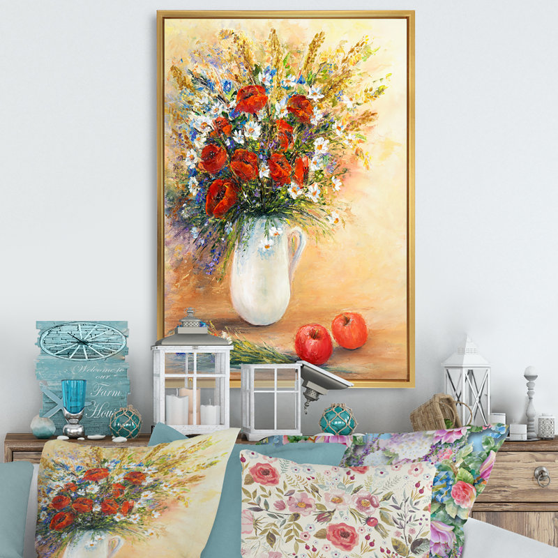 Bouquet de fleurs rouges et blanches - Illustration de toile traditionnelle, H 32 po x l 16 po x P 1 po, Cadre flottant doré