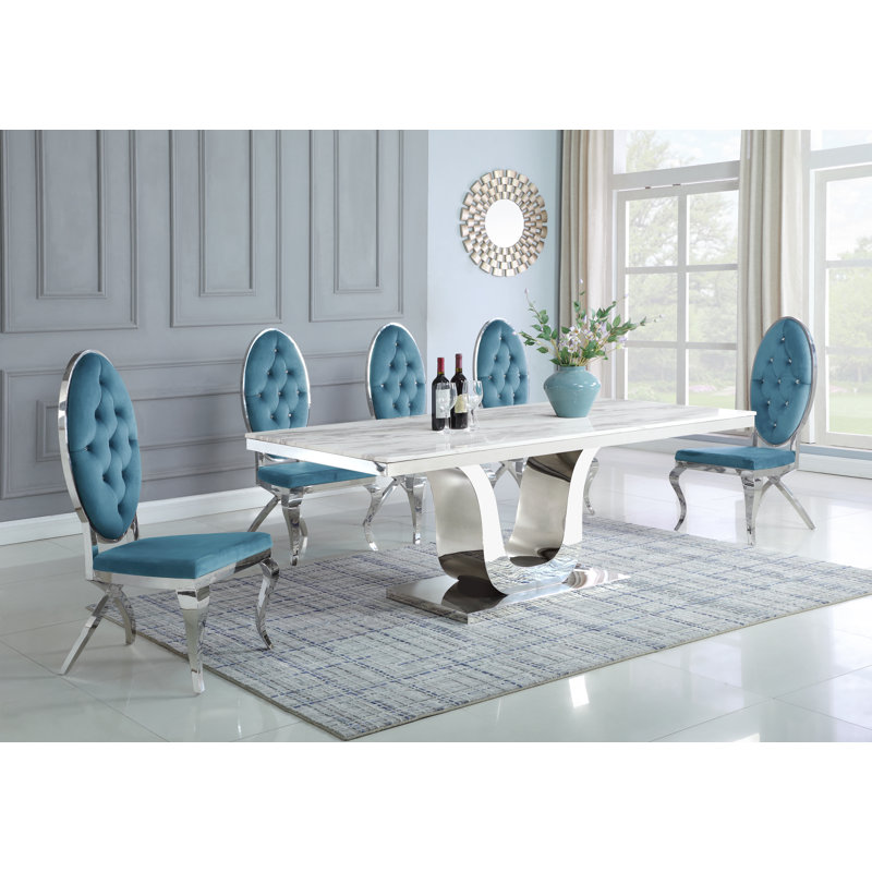 Edda 8 - Person Marble Top Pedestal Dining Set, Teal