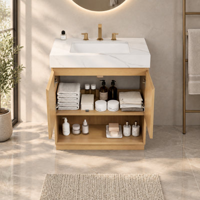 Meuble-lavabo autoportant de 76 cm avec comptoir en pierre frittée et lavabo encastré en céramique