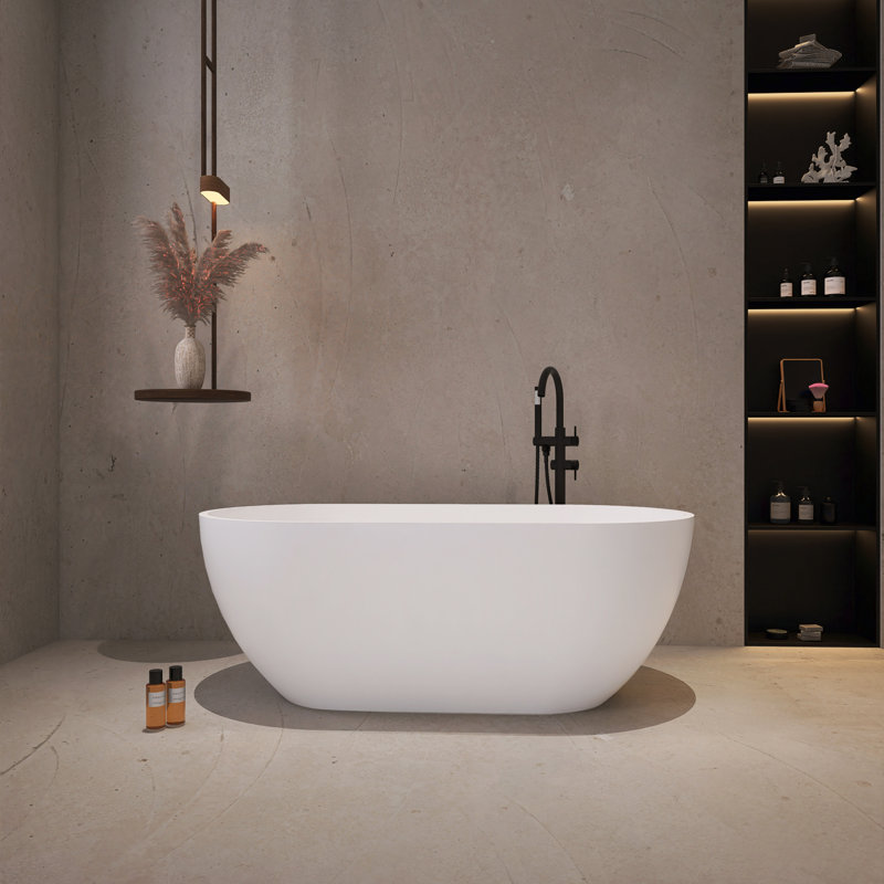 63 in. Freestanding Soaking Solid Surface Bathtub, Matte White
