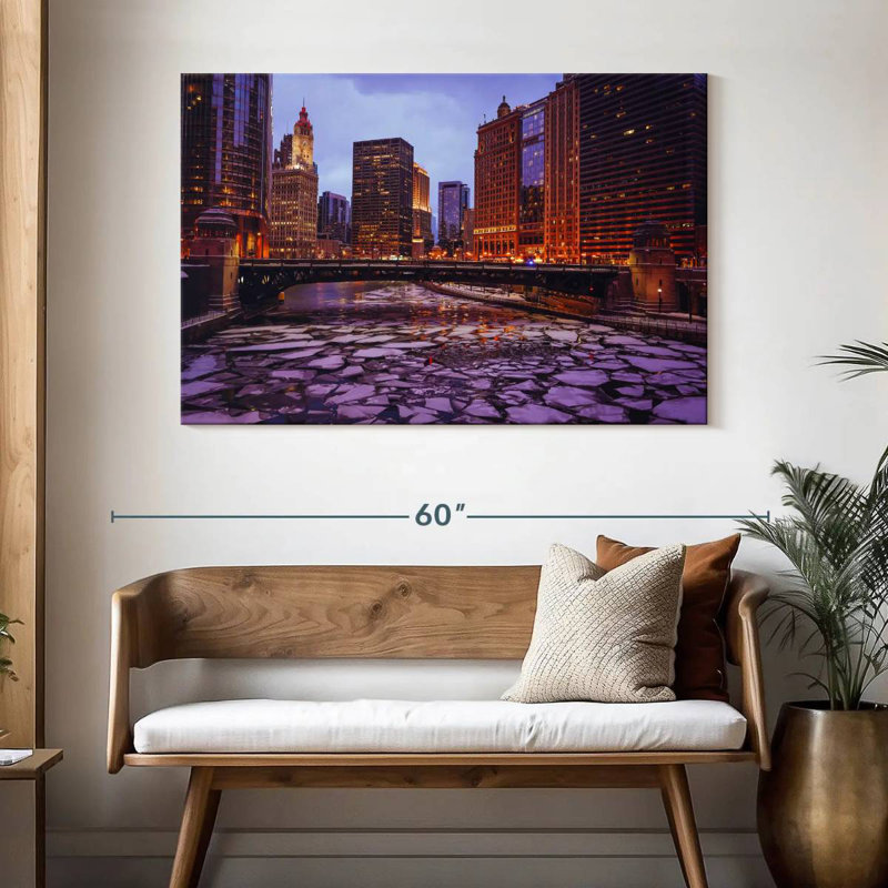 Paysage urbain de la rivière gelée Harpa Chicago, H 32 po x l 48 po