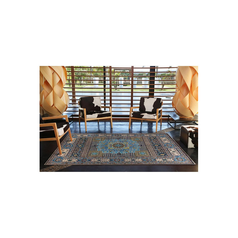 Tapis bleu tissé traditionnel lavable à la machine, Sous-tapis carré 3 pi 3 po inclus