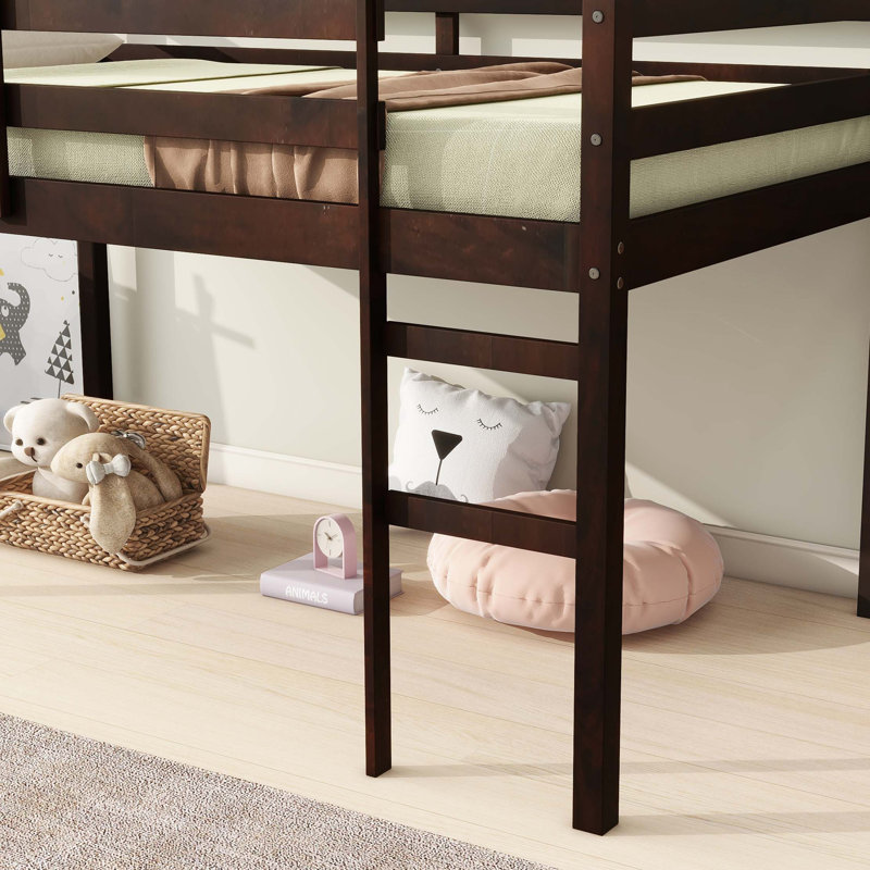 Solid Wooden, Rubber Wooden Loft Bed with Ladder, Bed Platform of Strengthened Slats, Espresso