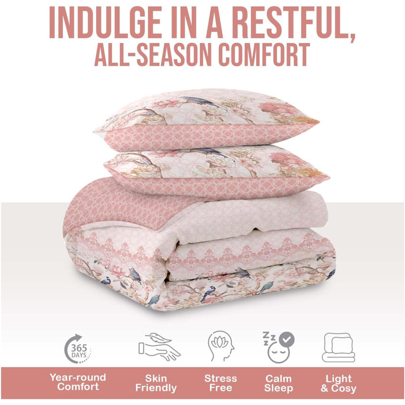 Birdie Blossom Duvet Cover Set with Matching Pillowcases - Polycotton Washable Bedding - Available in Single Double King
