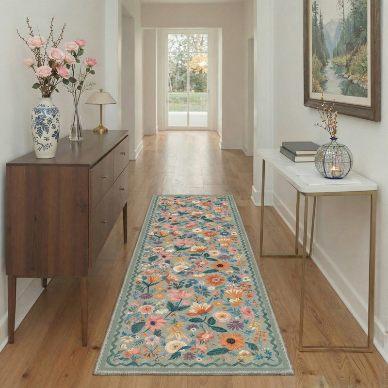 Aarna Blossom Floral Machine Washable Green / Beige Indoor Area Rug with Non-Slip Backing, Runner 2'6" x 8'