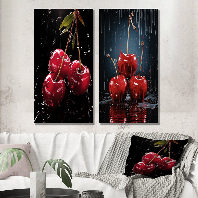 Ensemble de salon mural noir et rouge Cherry Delight I - cerise, H 28 po x l 25 po, Toile tendue