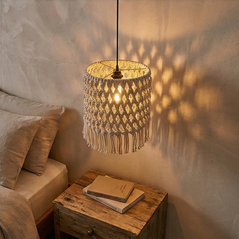 Lustre tambour Macrame - lustre réglable 1 lumière Boho pour chambre à coucher et entrée