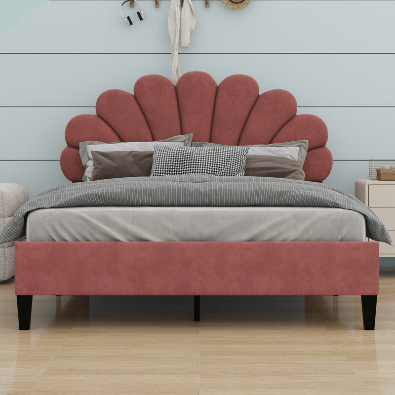 Lit plateforme tapissier avec tête de lit à motif floral, Pâte de haricots rouge, Grand lit
