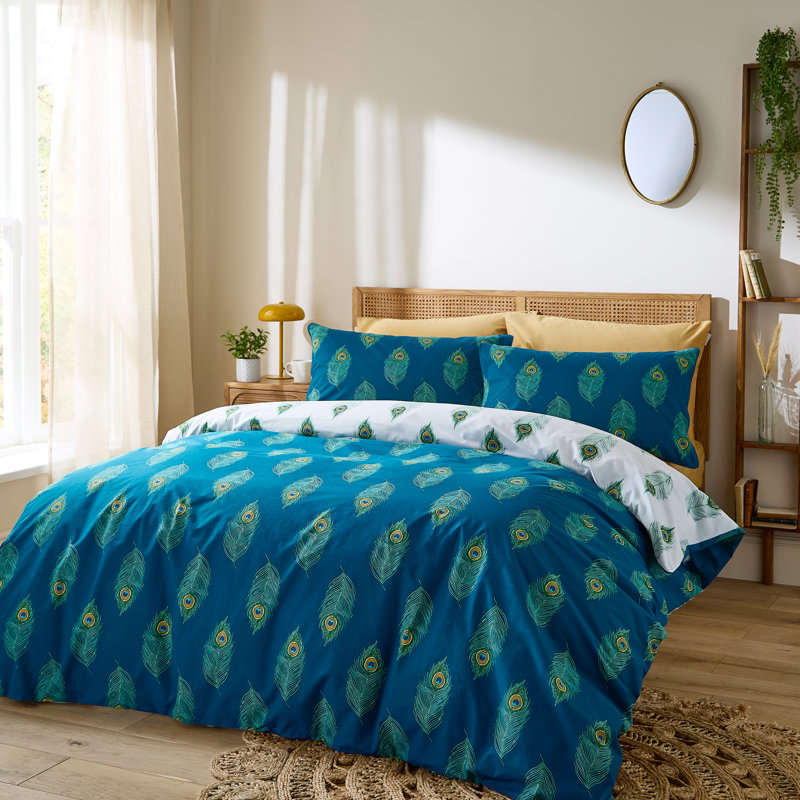 Peacock Feather Cotton Animal Print Duvet Cover Set with Pillowcases, Super King Duvet Cover + 2 Standard Pillowcases