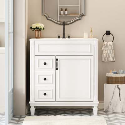 30" Bathroom Vanity With Ceramic Basin, Two Drawers Quiet Sliding Rails, And Adjustable Shelf 30 Inch Sink, Smooth - Gliding Drawers, For Compact Bath Areas