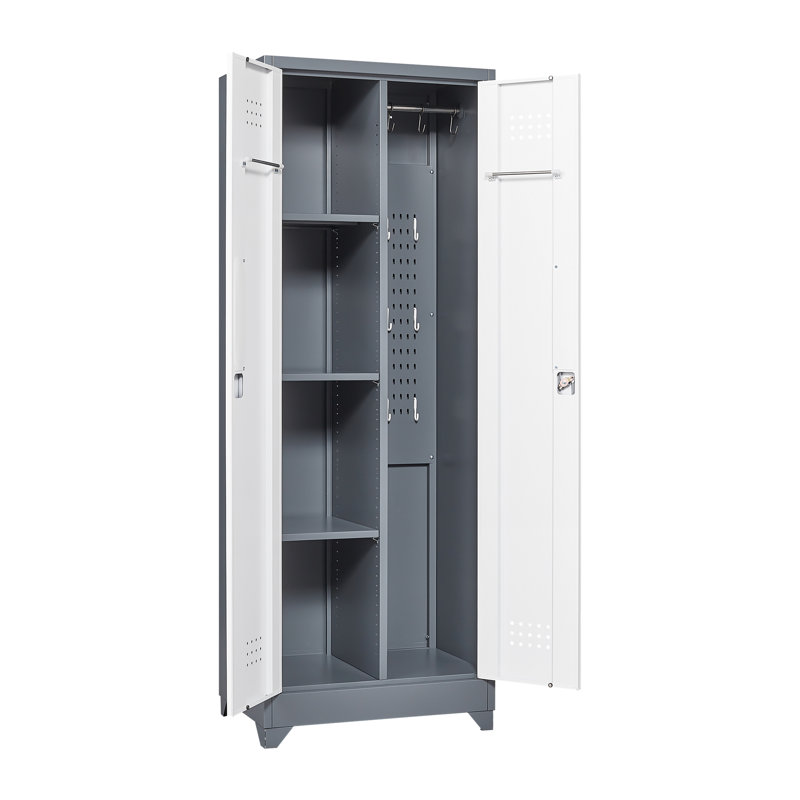 Broom Storage Cabinet with Locking Doors and Shelves, 65" H Metal Storage Cabinet with Hanging Rod and S-Hooks, Cleaning Tool Storage Cabinet