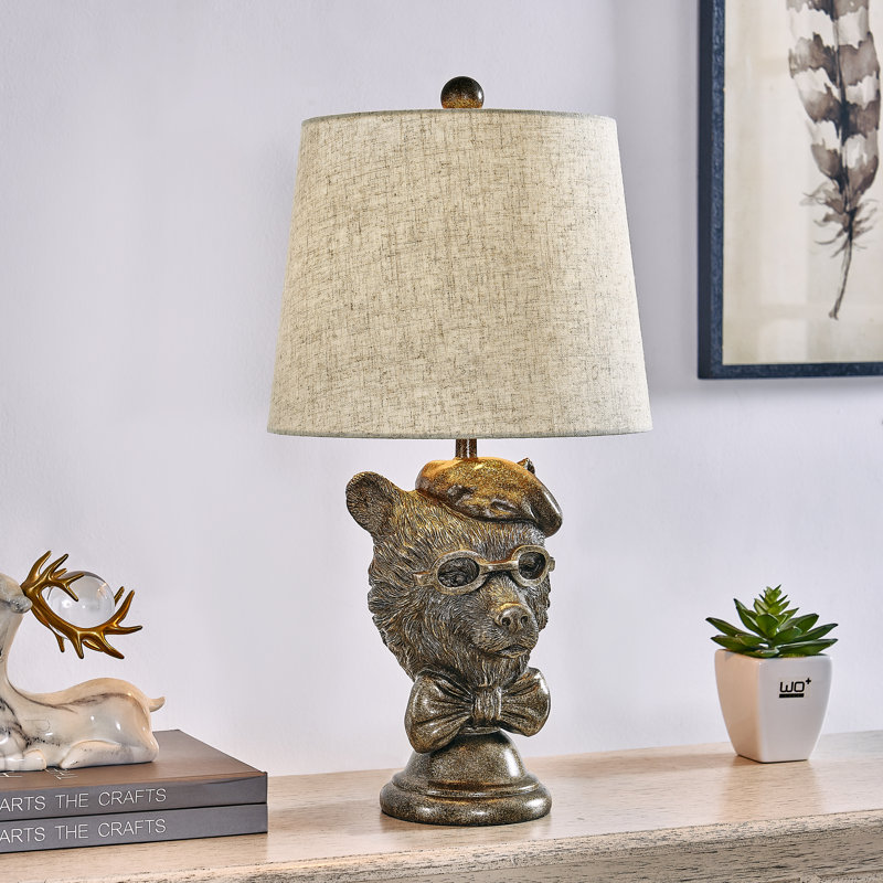 Lampe de table ours en résine 23 "bronze avec verres et abat-jour en lin, Tan, Brun