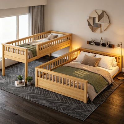 Lit superposé en bois, lit superposé robuste avec échelle et garde-corps complet, lit superposé pour enfants, aucun sommier requis, cadre de lit à profil bas, cadre de lit superposé en bois naturel pour chambre d'enfant, dortoir
