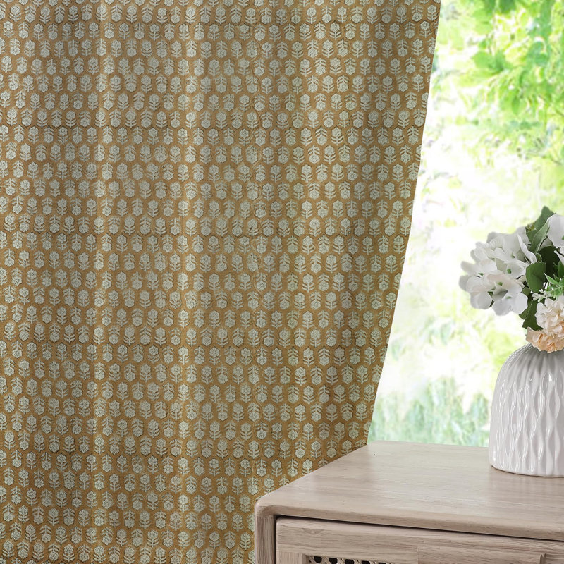 Fabdivine Floral Pattern Block Print Drape Room Darkening 27x89 Inches, Handmade Thick Linen, Brown  Home Décor Pleated Pinch Curtains for Stylish Blackout or Office, Tulsi Buti