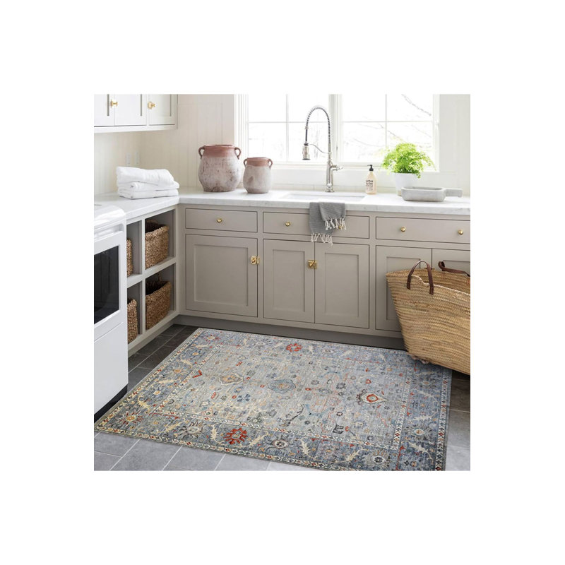 Tapis lavable décoratif à motif floral et motif traditionnel bleu et gris, Tapis de couloir 2 pi 6 po x 6 pi 7 po inclus
