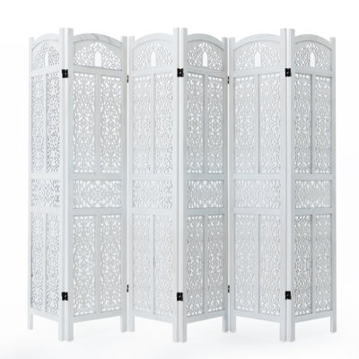 Carved Wood Folding Room Divider Screen, 4-Panel Or 6-Panel Option, 360° Hinged Design, Paulownia Wood Frame, Available In Brown Or White
